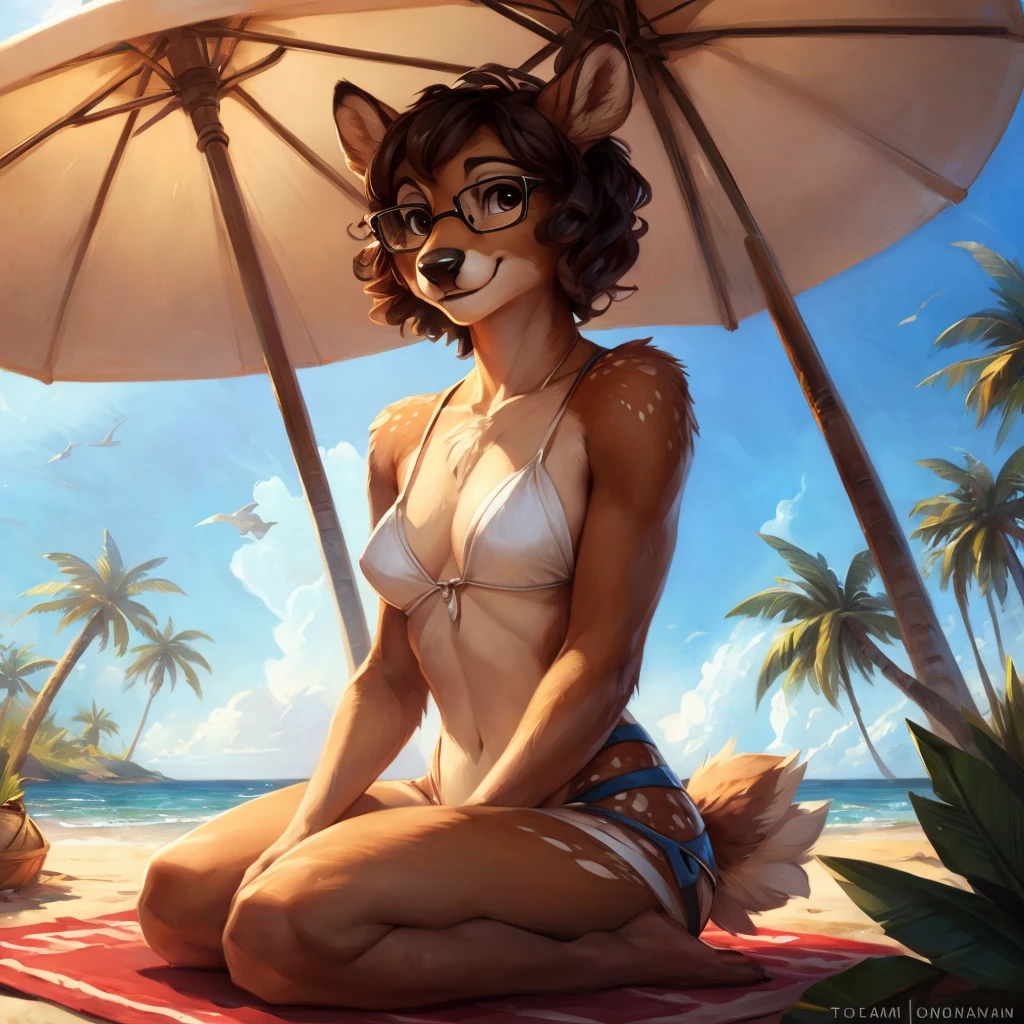 uploaded on e621, by Pixelsketcher, by Bayard Wu, by Thomas Benjamin Kennington , by Einshelm, by hioshiru and kenket, Chunie, portrait, solo anthro female deer doe, tiny featureless breasts, tiny breasts, clear dark blue, cinematic lighting, day, sunny day, beach, walks on a beach, ocean background, horizon background, palm trees background, palm trees, shiny, short curly dark brown hair, short hair, wears big black nerd glasses, very very beautiful furry art, furry art, smiling, joyful, shiny, happy, feminine, cute face, muzzle, fluffy chest, flawless face, Fallow deer, 1girl, Sakimichan is beautiful, Masterpiece, Wavethesallow Face, shiny, Detailed image, portrait, Detailed image, portrait, wears pure white bikini, wears beige summer straw hat, shiny, realistic face, perfect anatomy, hourglass body, (furry body:1.1), anthropomorphic deer, happy, very happy, small ears, huge black nerd glasses, full body, sits on a sun towel under a umbrella, enjoys the sun, a few palm trees in the background, looks at the viewer, small fluffy tail,
