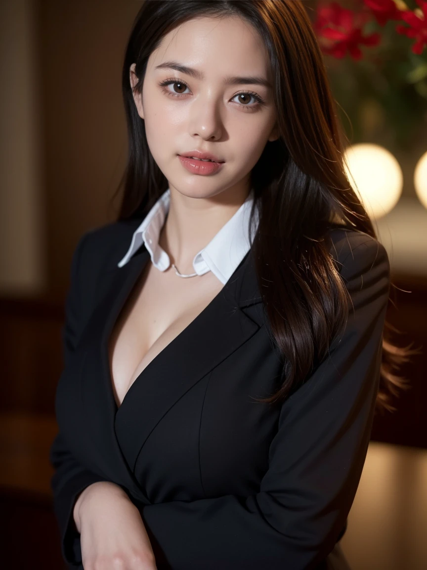 8k wallpaper,top-quality,masuter piece,ultra-high resolution,HDR,Photo Real,Cute girl, 23-years old,large boob, big breasts,Looking at the camera,solo, thin waist,enchanting posture, enticing, Attractive facial expressions, diffused lighting, detailed background of office, light on face, Close to camera,coquettish expression, dressed in business attire, including a blazer and blouse,(medium close-up shot:1.5),(ecstasy:1.3) ,(slut:1.2),(vulgarity:1.3),(fucked silly:1.1),(orgasm:1.5),(cleavage-enhancing:1.2),bokeh,(bloom:1.7)
