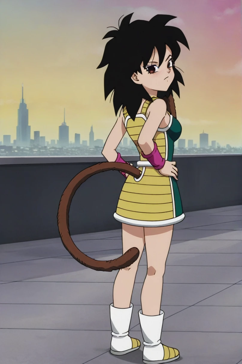 source_anime, score_9,score_8_up, score_7_up,  ginedb, anime screencap, 
Obra maestra, mejor calidad, alta calidad,1girl, solo, looking at viewer, nsfw, nsfwart, full body, no clothes, blush, cityscape, black hair, brown eyes, looking back, from behind, black eyes, hand on hip, frown, pink wristband, green skirt, monkey tail, saiyan armor, hand on shoulder, medium hair, green saiyan armor, eyelashes, eyebrows, butt crack, bare shoulders, spiked hair, fingernails, Cuerpo sexy, culo sexy, desnuda
 
