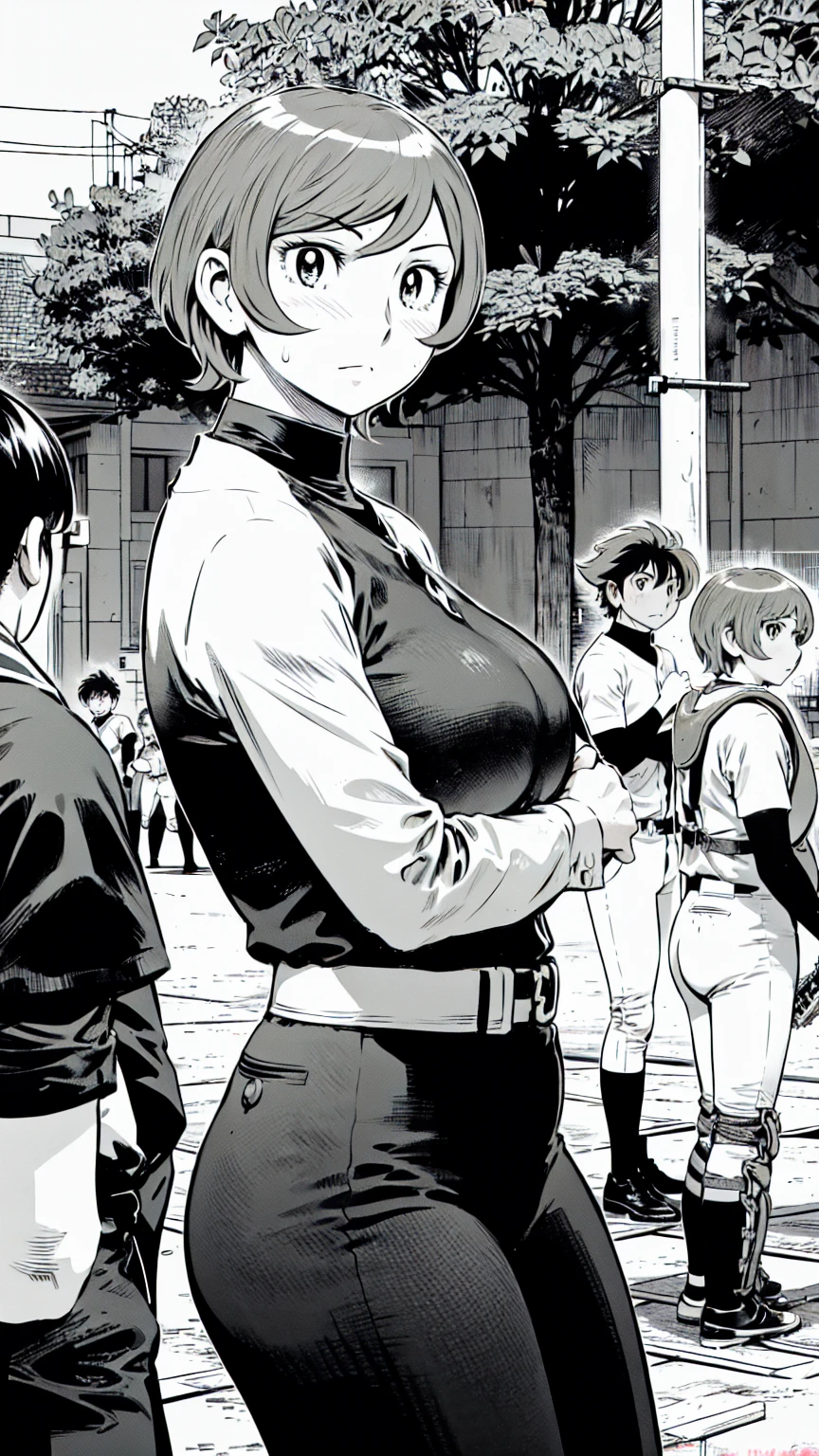 (野球uniform:1.2),
Blonde Hair, (short hair:1.2),Long sleeve, Black Shirt, turtleneck,White trousers、uniform、Black belt、((Illustration of people))、Big 、
View Audience,, (Highest quality:1.3),One Girl, White pants、uniform、Outdoor、baseball ground、ground、soil、blue eyes、Tight black shirt、(masterpiece、Highest quality)、Highest quality, Ultra-high resolution, (((masterpiece))), alone, Sweat、Big eyes、Big Breasts、One Girl, Front view、Embarrassed face、Bronze colored hair、((short hair))、Stand up straight