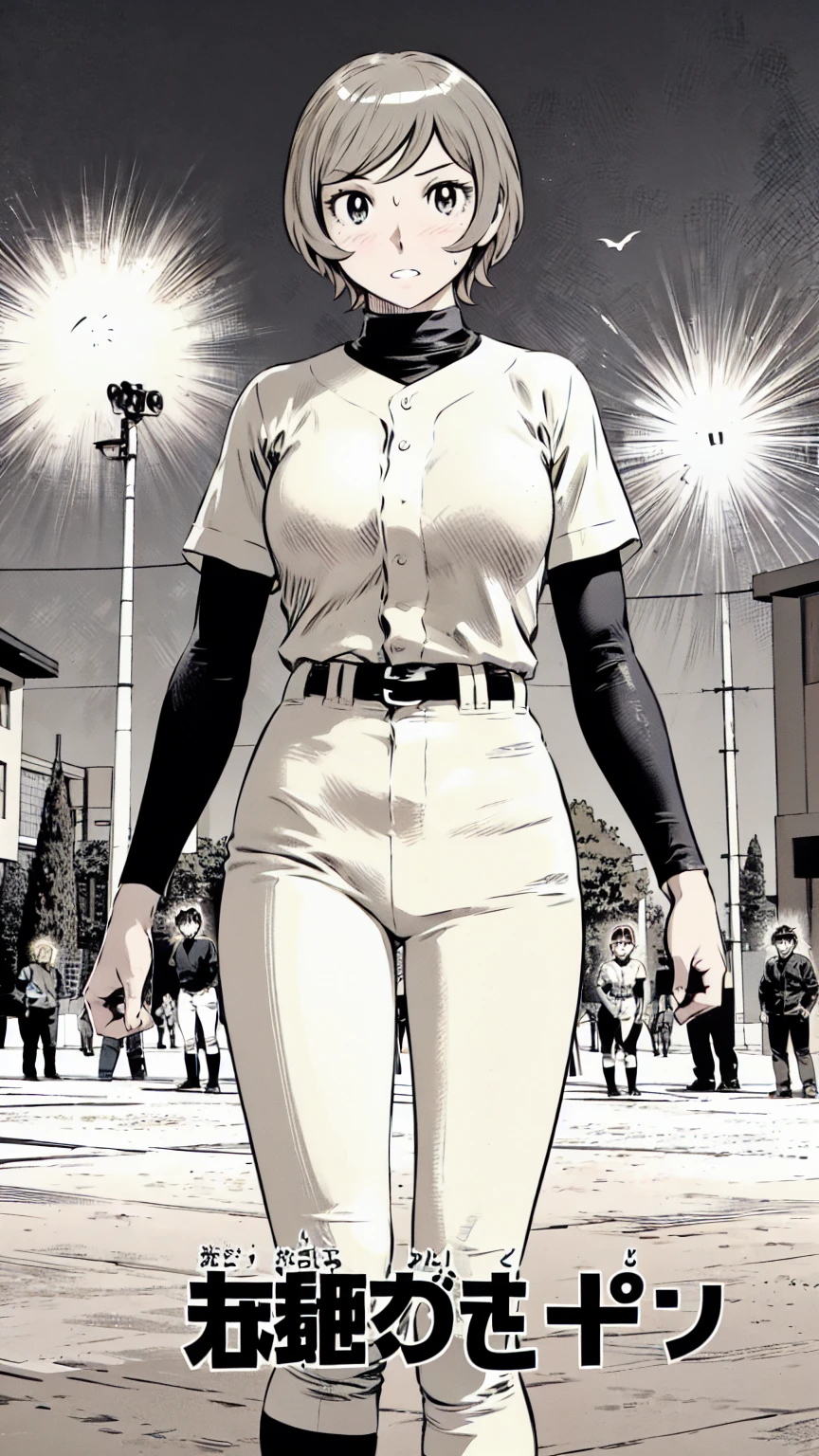(野球uniform:1.2),
Blonde Hair, (short hair:1.2),Long sleeve, Black Shirt, turtleneck,White trousers、uniform、Black belt、((Illustration of people))、Big 、
View Audience,, (Highest quality:1.3),One Girl, White pants、uniform、Outdoor、baseball ground、ground、soil、blue eyes、Tight black shirt、(masterpiece、Highest quality)、Highest quality, Ultra-high resolution, (((masterpiece))), alone, Sweat、Big eyes、Big Breasts、One Girl, Front view、Embarrassed face、Bronze colored hair、((short hair))、Stand up straight