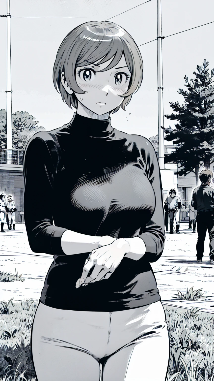 (野球uniform:1.2),
Blonde Hair, (short hair:1.2),Long sleeve, Black Shirt, turtleneck,White trousers、uniform、Black belt、((Illustration of people))、Big 、
View Audience,, (Highest quality:1.3),One Girl, White pants、uniform、Outdoor、baseball ground、ground、soil、blue eyes、Tight black shirt、(masterpiece、Highest quality)、Highest quality, Ultra-high resolution, (((masterpiece))), alone, Sweat、Big eyes、Big Breasts、One Girl, Front view、Embarrassed face、Bronze colored hair、((short hair))、Stand up straight