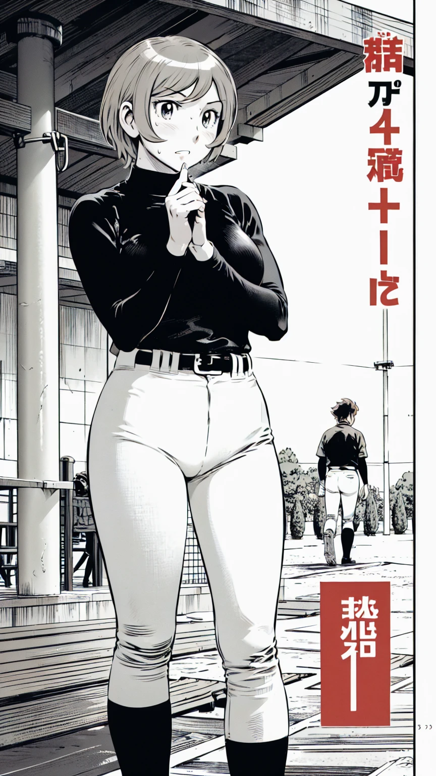 (野球uniform:1.2),
Blonde Hair, (short hair:1.2),Long sleeve, Black Shirt, turtleneck,White trousers、uniform、Black belt、((Illustration of people))、Big 、
View Audience,, (Highest quality:1.3),One Girl, White pants、uniform、Outdoor、baseball ground、ground、soil、blue eyes、Tight black shirt、(masterpiece、Highest quality)、Highest quality, Ultra-high resolution, (((masterpiece))), alone, Sweat、Big eyes、Big Breasts、One Girl, Front view、Embarrassed face、Bronze colored hair、((short hair))、Stand up straight