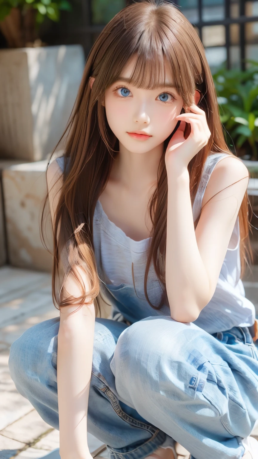 squat , closed knees , master piece , best quality , female , T-shirt , short denim, Shiny platinum blonde silk super long straight hair, beautiful shiny bangs, big clear sky blue eyes, very beautiful bright eye highlights, Embarrassing, Blushing