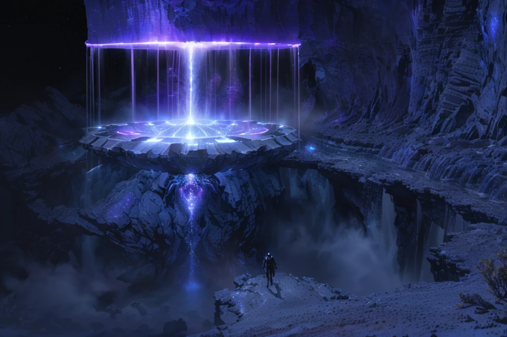 there is a fountain with water coming out of it in the dark, spirits coming out of portal, colossale interstellar portal, matte painting of steam machines, studying a hell open rift portal, depicted as a scifi scene, concept art 8k resolution, concept art 8 k resolution, majestic interstellar portal, waterfall in asteroid field, sci - fi scene