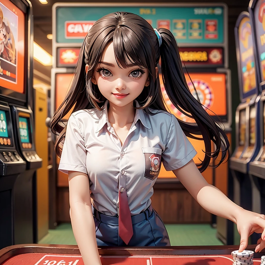happy and smile, {{indonesian girl}}, {wearing high school uniform}, teasing and waiting customer play, standing, playing in casino, red casino background, polite and kind, Sweet Face, roulette table, poker table, big slot machines right and left, win jackpot,