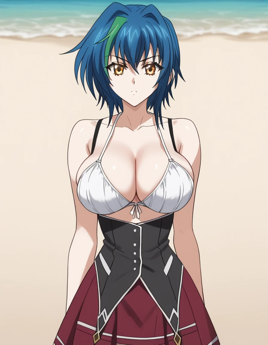 anime artwork, score_9, score_8_up, score_7_up, score_6_up, score_5_up, score_4_up, xenovia quarta, short hair, blue hair, yellow eyes, multicolored hair, green hair, two-tone hair, streaked hair,
, big breasts, she is 24 years old, style_3, outdoors, bikini skirt, beach, , expressive
