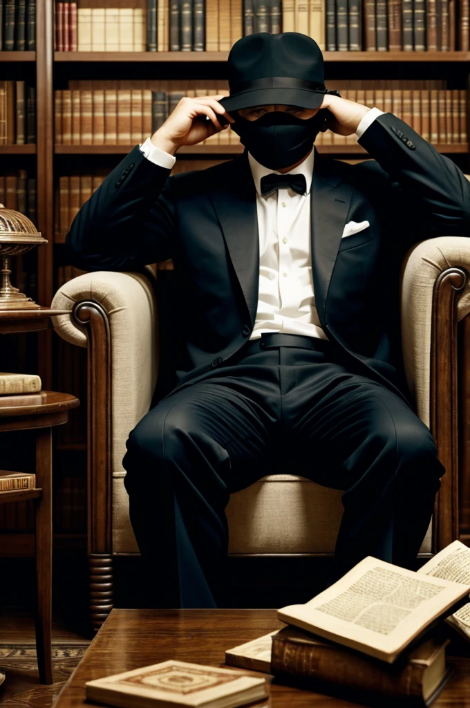 A guy sit down on chair covering his face with books has mafia vibe