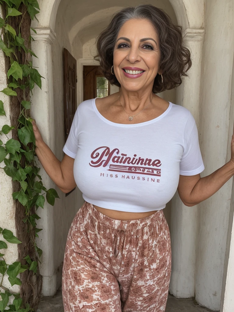 1girl, photorealistic, realistic, Latina woman, Old woman, thick lips, mature, 65 years old, Latina, straight short hair, brown skin, Latina nose, Latina eyes, Latina body, ((background: inside the mansion house)), wearing printed tshirt and Culotte Jumpsuit, outdoor, ((wide shot)), smiling