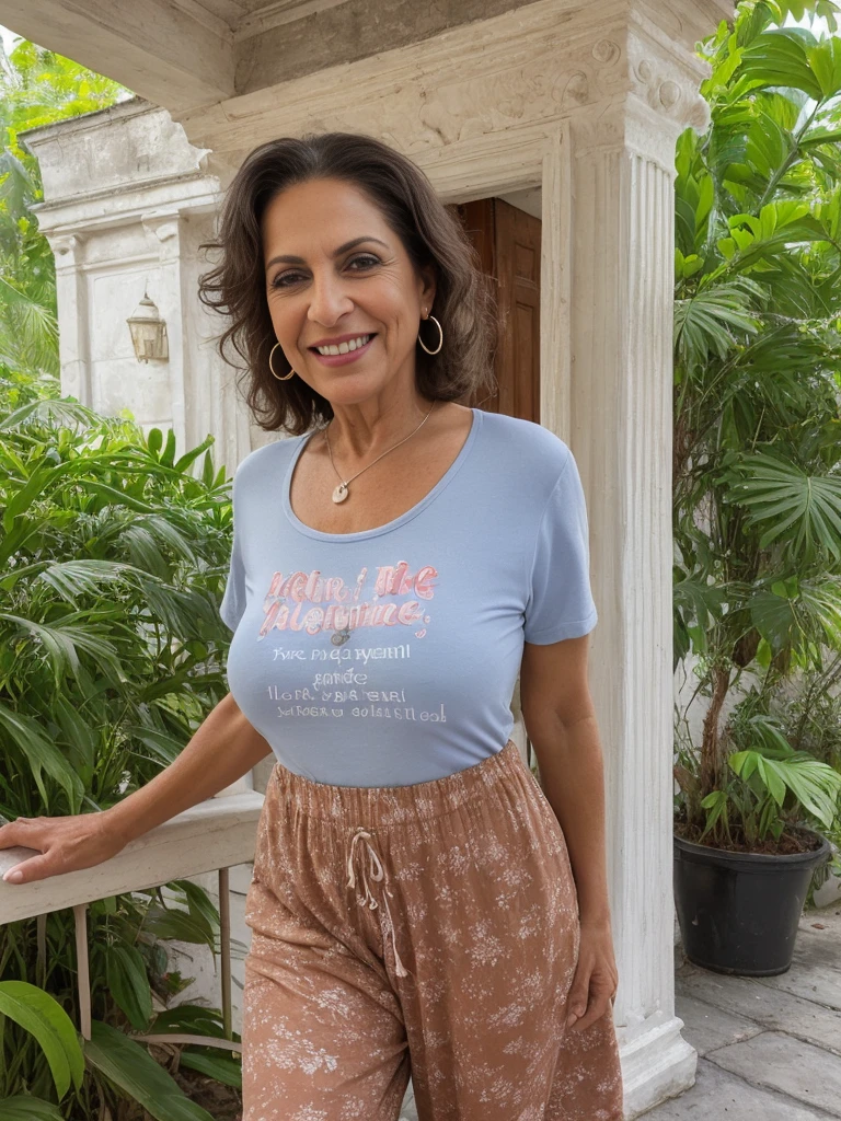 1girl, photorealistic, realistic, Latina woman, Old woman, thick lips, mature, 65 years old, Latina, straight short hair, brown skin, Latina nose, Latina eyes, Latina body, ((background: inside the mansion house)), wearing printed tshirt and Culotte Jumpsuit, outdoor, ((wide shot)), smiling