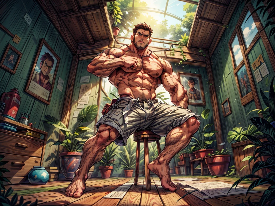 (barefoot),(barefoot),(Long legss ),Bigfoot,(whole body),(Long legs ),(He was wearing baggy shorts,Revealing his length, muscular的腿),Interior background with vintage furniture and retro wooden floor,Surrounded by paleopods),(For the audience) ,(Put his hands on his waist), (Focus on your audience) ,(There is a huge bulge in the area),From the perspective of an outsider:Man sitting on the ground in a side-lying position,The upper body is tilted to the right of the picture,Legs extended to the left of the picture,The upper left part of the picture is a panoramic floor-to-ceiling window,(Dark brown hair),(Clean face,No beard),Broad shoulders,Muscles protrude a lot,The crotch is bulging,(Long legss),Highest image quality,Japanese cartoons ,Anime Wallpaper,Chest muscle expansion,(,best quality),((Exaggerated muscle bulge)),There is a dense forest outside the window,muscular and bulky, muscular characters, Awesome and cool, tall and muscular, muscular!!, Very strong, muscular attractive men, Huge muscles, Big Muscle, Muscle Man, Anime handsome man, muscular!, Giant muscles, muscular bodies, muscular character,Small head for body size,(Long legs),Touch the ground with your foot and stretch to the left,Lean back,Lazy gesture,Behind is a panoramic floor-to-ceiling window