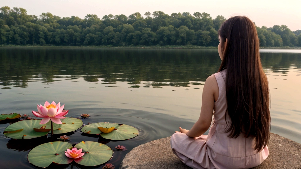 There are lotus flowers on the lake, calm, long brown hair, little girl meditating, back view