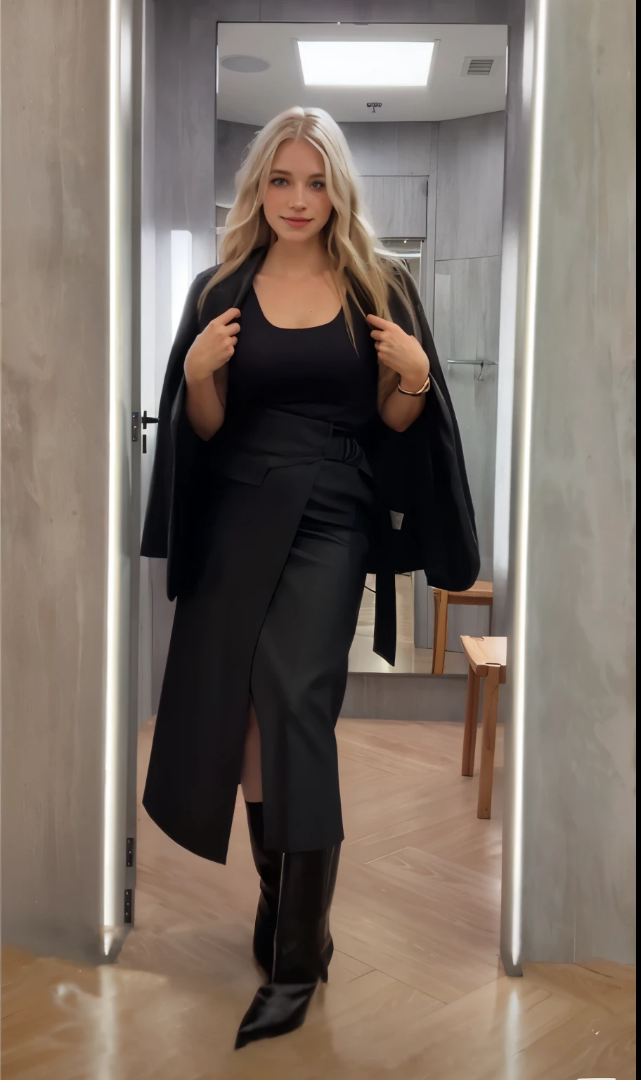 a one woman, americana, age 25, pale skin and freckles, grey-eyed, delicate nose, soft and delicate lips, distant, distant, wavy, waist-length blonde hair, Sweet smile, face with delicate feminine facial features, Highly Rendering