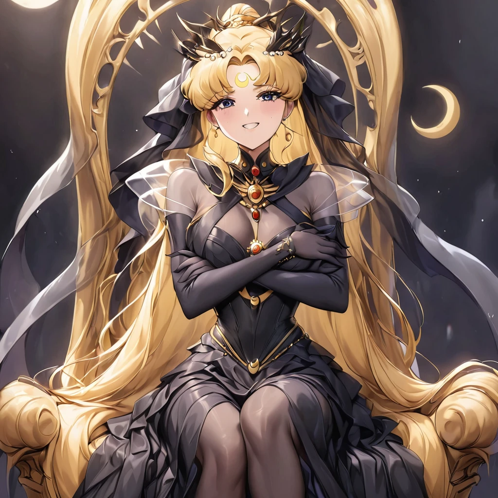 ((Highest quality)), ((masterpiece)), (detailed), (Perfect Face)、Black moon mark on forehead、The woman is Black Serenity, the noble dark queen of the Black Moon clan and has blonde hair.2The woman, Princess Serenity, has long hair tied up in a ponytail and is sitting on a large throne, hugging and kissing the majestic and powerful Black Moon King.、The woman has a black inverted crescent moon mark on her forehead, a gorgeous and glittering black gothic Victorian dress, a black veil and a black see-through cape, and is wearing luxurious jeweled accessories. She is the Queen of Darkness, the jet-black Princess Serenity, looking at the camera with a happy expression, and has the expression of a maiden in love.、The man is a majestic and powerful black moon king embracing and kissing a woman.