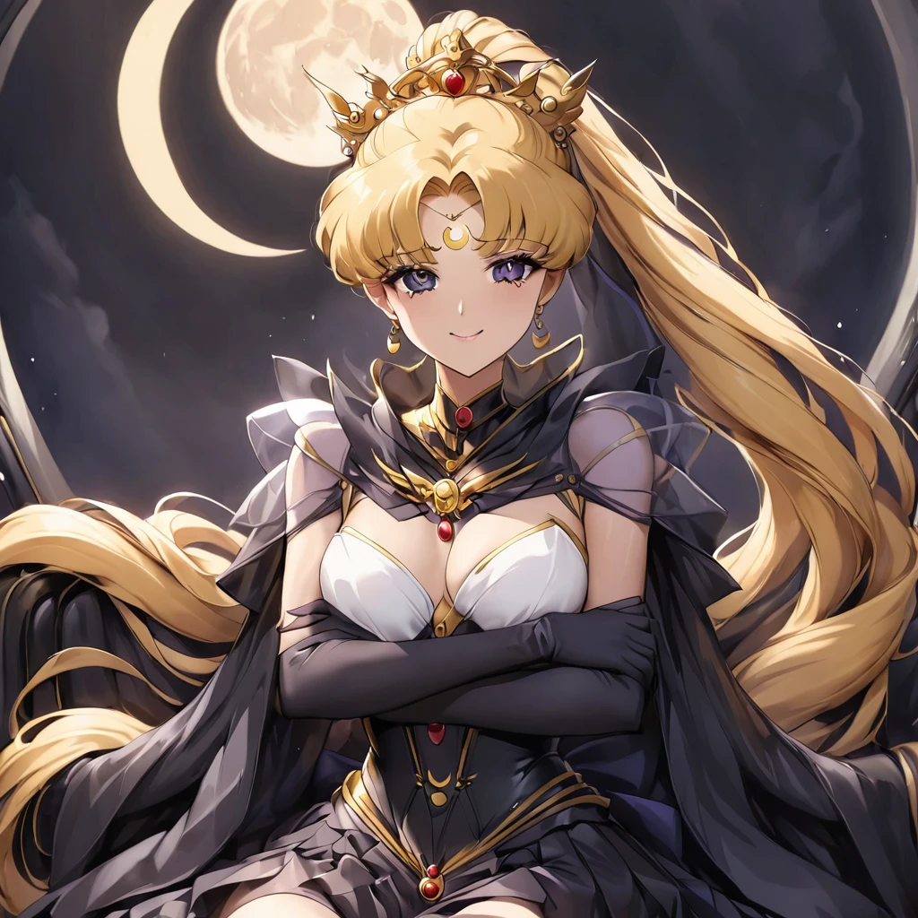 ((Highest quality)), ((masterpiece)), (detailed), (Perfect Face)、Black moon mark on forehead、The woman is Black Serenity, the noble dark queen of the Black Moon clan and has blonde hair.2The woman, Princess Serenity, has long hair tied up in a ponytail and is sitting on a large throne, hugging and kissing the majestic and powerful Black Moon King.、The woman has a black inverted crescent moon mark on her forehead, a gorgeous and glittering black gothic Victorian dress, a black veil and a black see-through cape, and is wearing luxurious jeweled accessories. She is the Queen of Darkness, the jet-black Princess Serenity, looking at the camera with a happy expression, and has the expression of a maiden in love.、The man is a majestic and powerful black moon king embracing and kissing a woman.