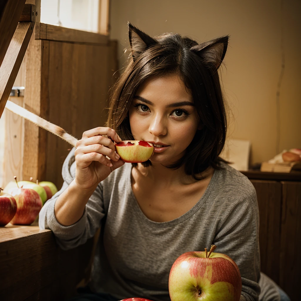 A cat eating an apple 
