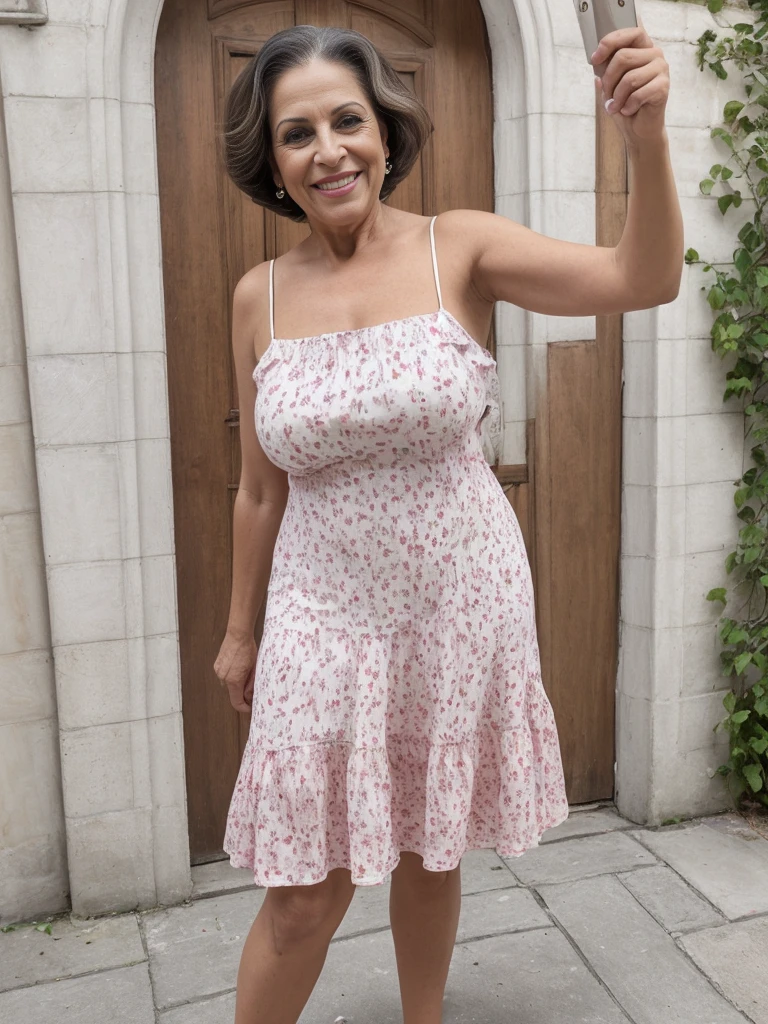 1girl, photorealistic, realistic, Latina woman, Old woman, thick lips, mature, 65 years old, Latina, straight short hair, brunette with white shade hair, brown skin, Latina nose, Latina eyes, Latina body, ((background: outside the mansion house)), wearing pastel printed dress, outdoor, ((selfie shot)), smiling