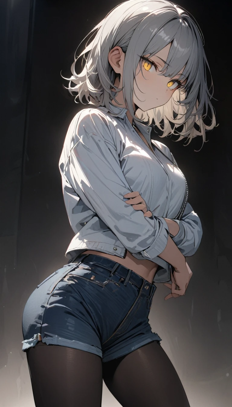 ((masterpiece)), ((best quality)), extremely detailed face, ((extremely detailed)), perfect lighting, best pose,
a handsome girl, solo, gray hair, medium hair, yellow eyes, bright eyes,
black midriff jacket,,shirt, denim shorts, tights, expressionless