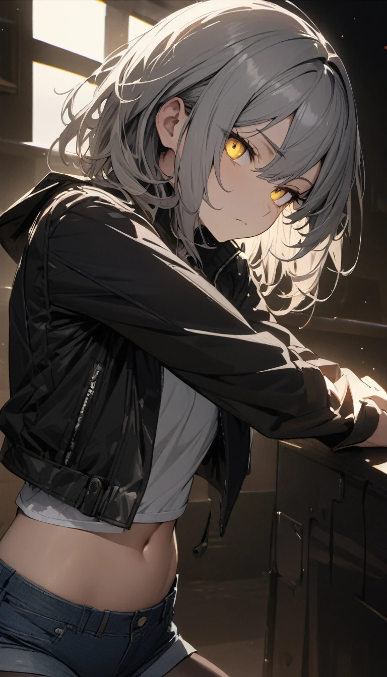 ((masterpiece)), ((best quality)), extremely detailed face, ((extremely detailed)), perfect lighting, best pose,
a handsome girl, solo, gray hair, medium hair, yellow eyes, bright eyes,
black midriff jacket,,shirt, denim shorts, tights, expressionless