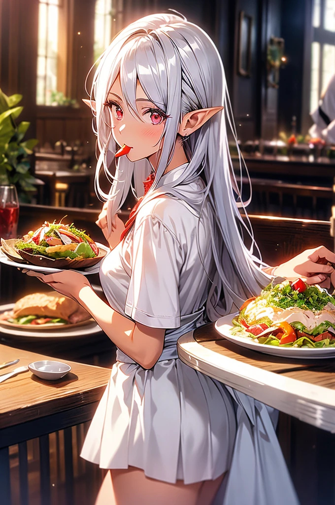 1 elf woman, very dark tanned skin, beautiful silver hair, pointed ears, beautiful red eyes, pink lips, restaurant, eating salad, white blouse, long blue skirt
