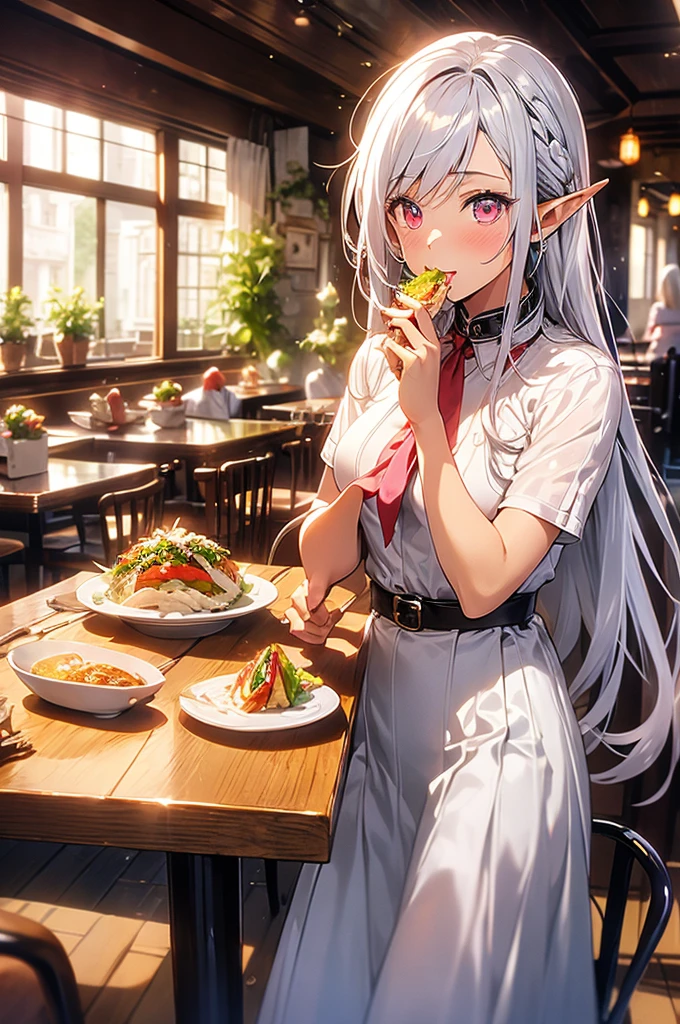 1 elf woman, very dark tanned skin, beautiful silver hair, pointed ears, beautiful red eyes, pink lips, restaurant, eating salad, white blouse, long blue skirt