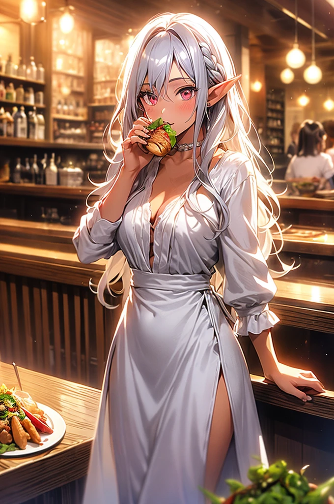 1 elf woman, very dark tanned skin, beautiful silver hair, pointed ears, beautiful red eyes, pink lips, restaurant, eating salad, white blouse, long blue skirt