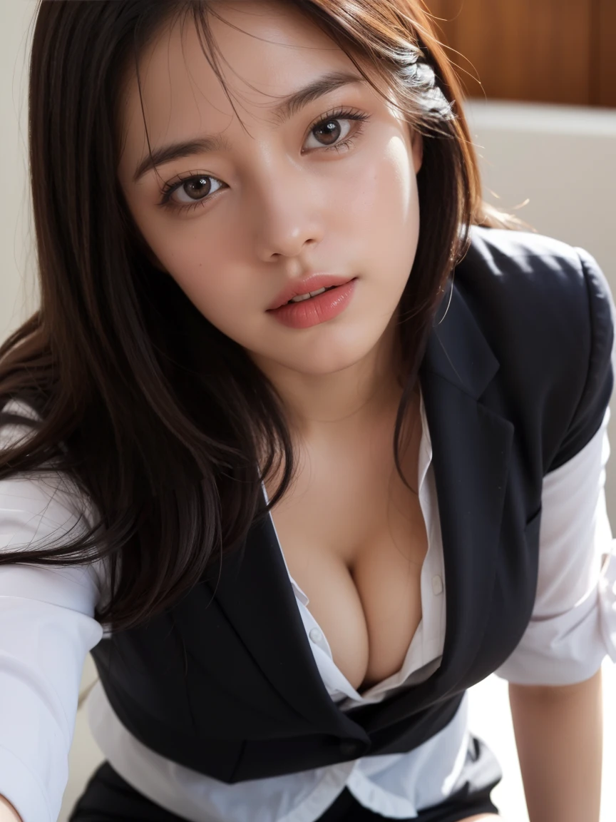 8k wallpaper,top-quality,masuter piece,ultra-high resolution,HDR,Photo Real,Cute girl, 23-years old,large boob, big breasts,Looking at the camera,solo, thin waist,enchanting posture, enticing, Attractive facial expressions, diffused lighting, detailed background of office, light on face, Close to camera,coquettish expression, dressed in business attire, including a blazer and blouse,(medium close-up shot:1.5),(ecstasy:1.3) ,(slut:1.2),(vulgarity:1.3),(fucked silly:1.1),(orgasm:1.5),(cleavage-enhancing:1.2),bokeh,(bloom:1.5),(soft brightness:1.5)