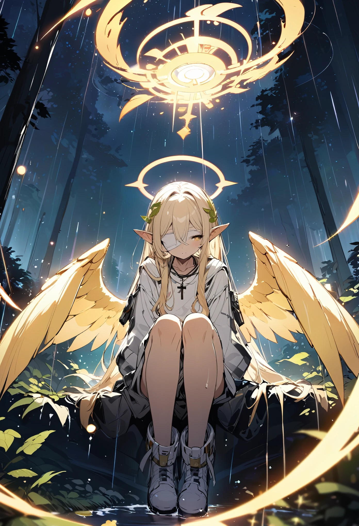 （（（masterpiece）））， （（（The best quality at its best））））， Official Art， Highly detailed CG synthesis 8k wallpaper， （（sketch）））， night， rain， Beautifully detailed skies， Galactic，Starry sky background，Beautiful and delicate water， Game CG， Huge file sizes， sketch， Report， Angelic， Long white hair， I combed my blonde hair.， Wet Hair， Hair between the eyes， Hair behind the ear， Innocent eyes and white eyelashes， Yellow Eyes， Half-closed eyes， footwear， Halo， Cross Necklace， Looking down， Sit， Holding long leather hair， leaf hair accessories， In the forest， Lakeside， （（Big Chest）））， （（（ White）））， Long Sleeve Dynamo， White blindfold， Elf ears and golden wings are more yellow
