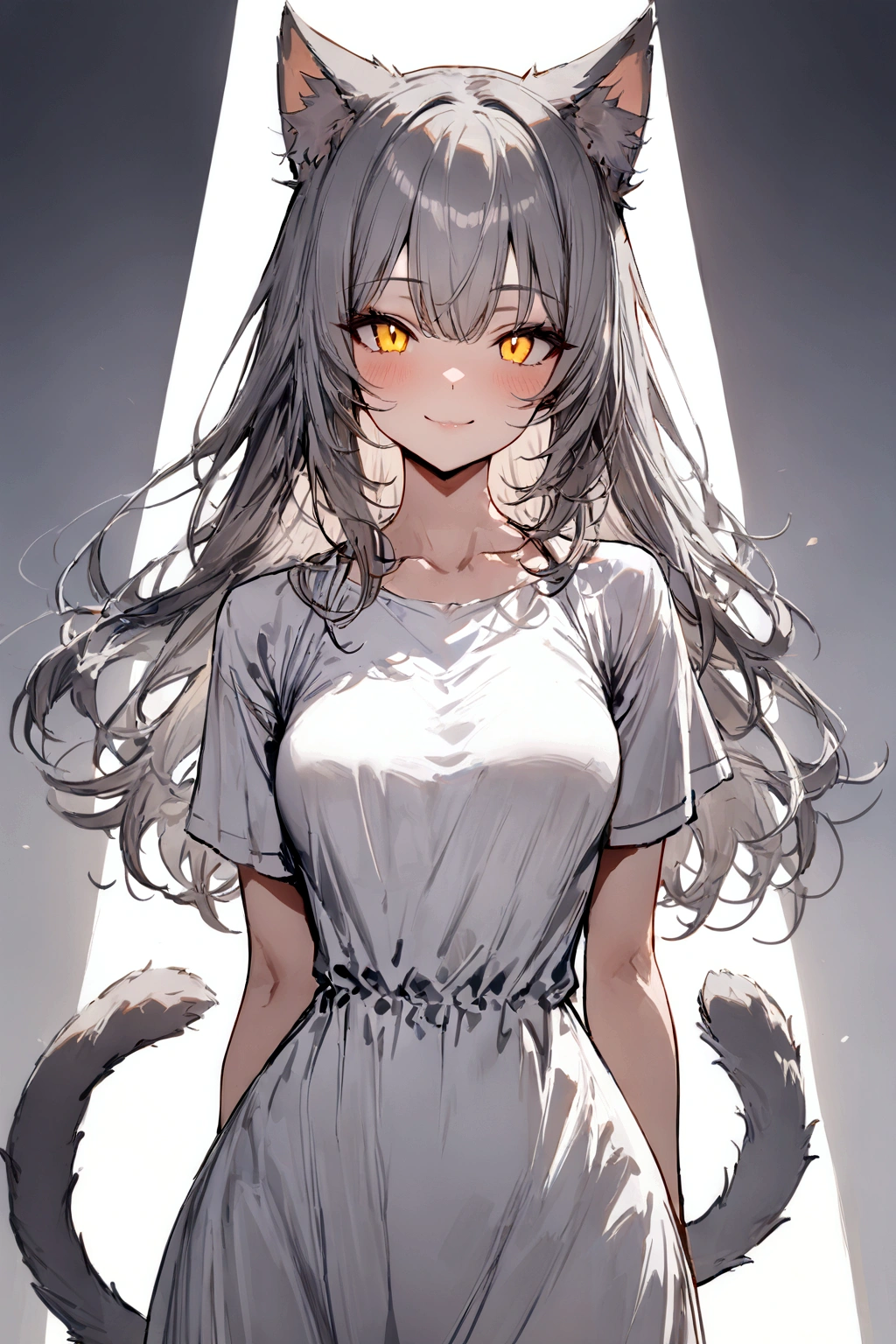 ((masterpiece)), ((best quality)), (from front), (half-body shot:1.36), perfect anatomy, 1girl, solo, cat girl, long gray straight hair, yellow round eyes, gray cat ears, gray fluffy cat tail, basic short-sleeved loose white dress, smiling, looking at viewers