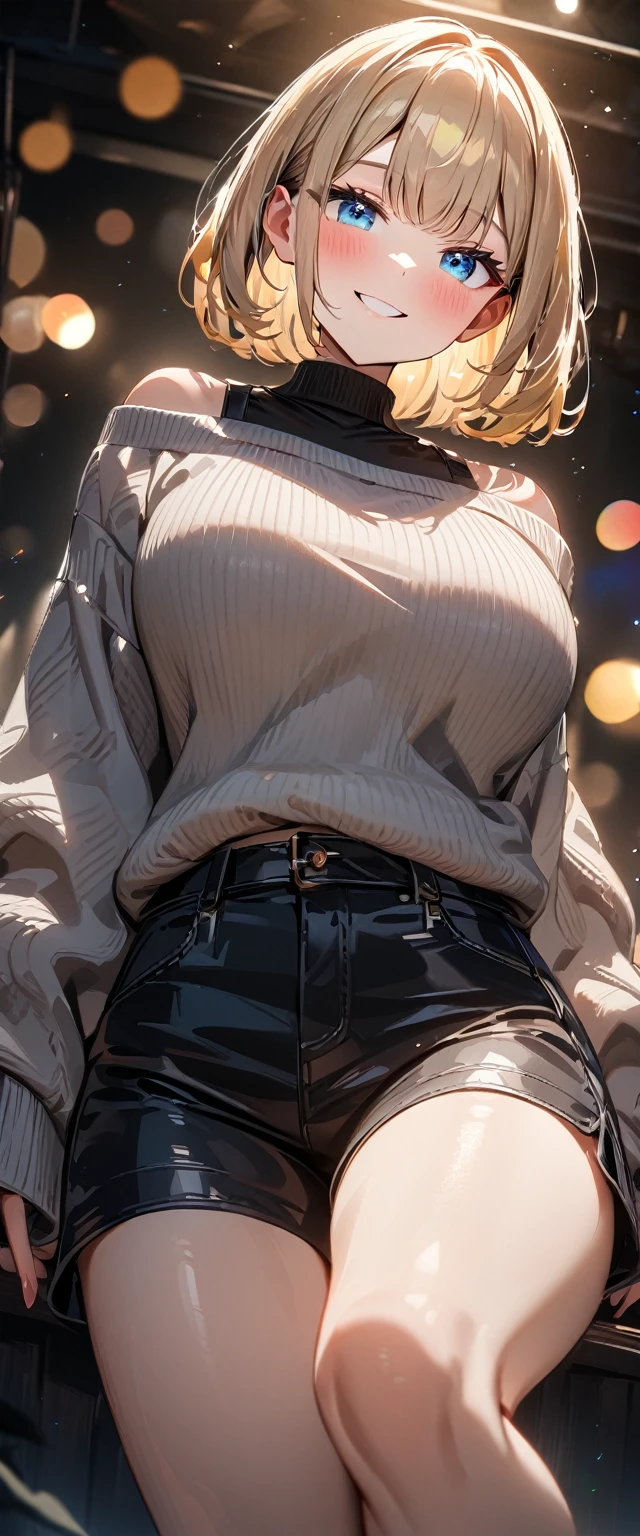 (((One girl))), blond hair, bob cut, big breasts, from front, (cowboy shot), (looking at viewer), ((black shorts)), ((black off-shoulder sweater)), face in focus, teenager, head tilt:1.3, (((blue eye))), ((happy smile)), ((blush)), ((sleeves past wrists)), anime style, (best quality, 4k, 8k, highres, masterpiece:1.2, ultra-detailed, ultra-detailed eyes, HDR, UHD, studio lighting, ultra-fine painting, sharp focus, physically-based rendering, extreme detail description, professional, vivid colors, bokeh)