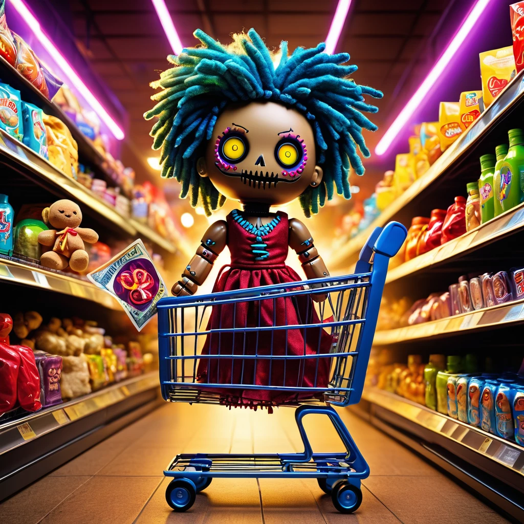 (knitted toy voodoo doll:1.7), (Voodoo Shopping Trip:1.3), (Clothing: casual shopping outfit with glowing bag symbols:1.0), (Accessories: enchanted shopping cart emitting sparks of bargain magic, levitating spectral groceries:1.1), (background: mystical supermarket with floating products, glowing price tags, and spectral cash registers:1.2), best quality, masterpiece, detailed soft oil painting, detailed background, dramatic cinematic lighting, soft edge lighting, professional, dramatic lighting, hard edge lighting, ultra quality, 4k,masterpiece, best quality, 8k, ultra highres, highres, extremely detailed