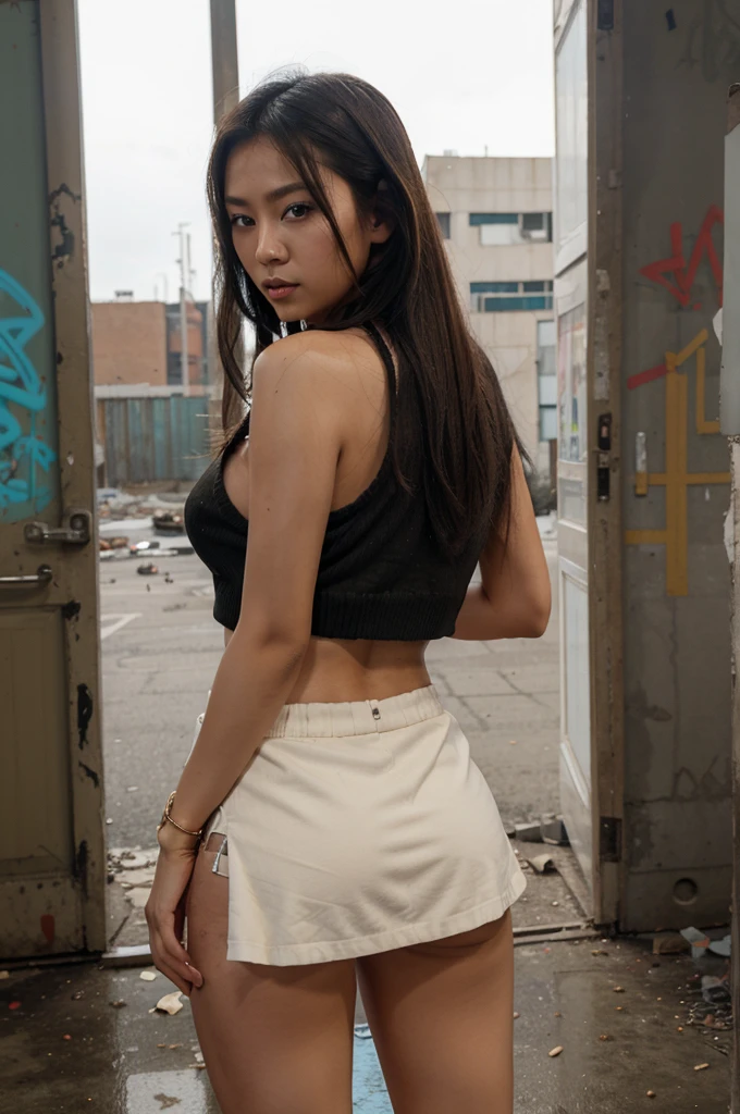 [((young attractive Asian woman:1.5)), ((Sophie Tan:1.4)), standing inside an abandoned warehouse in a Southeast Asian slum, with her back to the camera. She is wearing ((a mini skirt that has blown up, showing her buttocks:1.2)), paired with a ripped, fitted top. Her hair is styled in disheveled curls, and she has a seductive, captivating look over her shoulder. The background features broken windows, graffiti, and scattered debris. The scene is captured with a ((digital SLR:1.2)) using a ((24-70mm zoom lens:1.2)) for versatility in framing. Post-production focuses on enhancing the natural colors and adding a ((soft bokeh effect:1.1)) to the background. The image should be in ((8K resolution:1.1)) with ((hyper-realistic detail:1.3)). The backdrop highlights the abandoned warehouse with detailed textures of broken windows and graffiti. The focus is on the woman's blown-up mini skirt exposing her buttocks, capturing a seductive and captivating scene. Natural lighting is used with slight enhancements to create a gritty atmosphere, with a ((soft bokeh effect:1.1)) on the background, enhanced vibrancy, and high contrast to make the scene pop. She is standing with one hand on her mini skirt, looking seductively over her shoulder, exuding confidence and allure, embodying street chic.]
