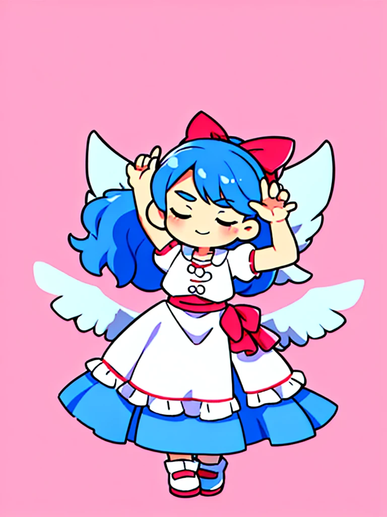 masterpiece, best quality, 1girl, , , , medium blue hair, hair flaps, pink ribbon on head, well-formed face, blue eyes, angel girl, white blouse, puffy short sleeves, red ribbon, angel wings, long white skirt, red shoes, frills, ribbon head, from behind, to lift up one’s skirt, cowboy shot, from front, standing , raise one leg, crossed arms, arms up behind, arms behind back, hand between legs, put hands hip, one hand on hip, forward hands, arms raised in the air, punch hands, peace sign, waving, put up index finger, sit, lie down, closed eyes, lie face down, looking back, put one hand chest, leaning forward, cleavage, close up, horizontally outstretched arms, horizontally outstretched legs, front view, front face