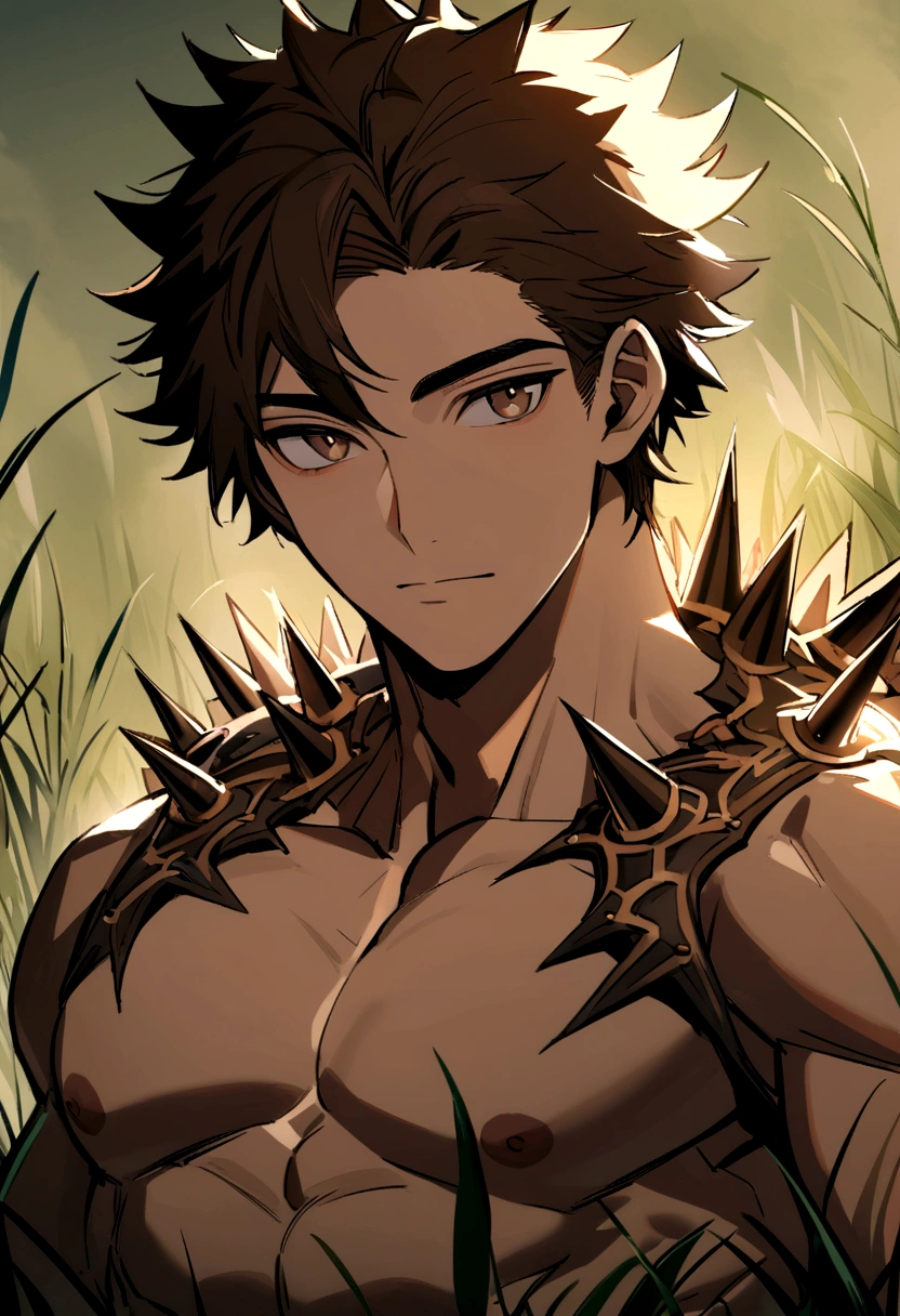 Handsome boy, Age 25, Brown spiky hair, bright hazel brown eyes, Masculine pose in the meadow, Mysterious lighting, Muscular physique, Looking into the camera, Upper body close-up
