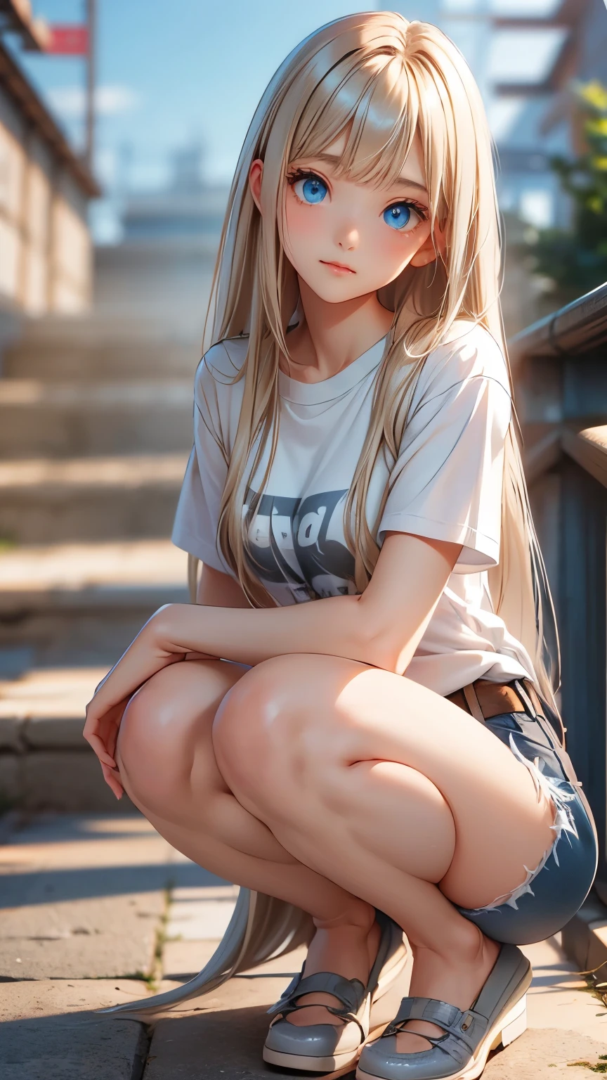 squat , closed knees , master piece , best quality , female , T-shirt , short denim, Shiny platinum blonde silk super long straight hair, beautiful shiny bangs, big clear sky blue eyes, very beautiful bright eye highlights, 