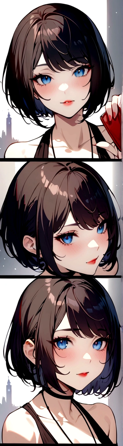 Masterpiece ,, 超A high resolution, ultra-detailliert, Beautiful European girl, A dark-haired, Short bob cut, Amazing blue eyes, de pele branca, red-lips, red blush, Gentle look, Sorceress, Amazing face, amazing, reaching for wallet, reaching hand out, reaching out