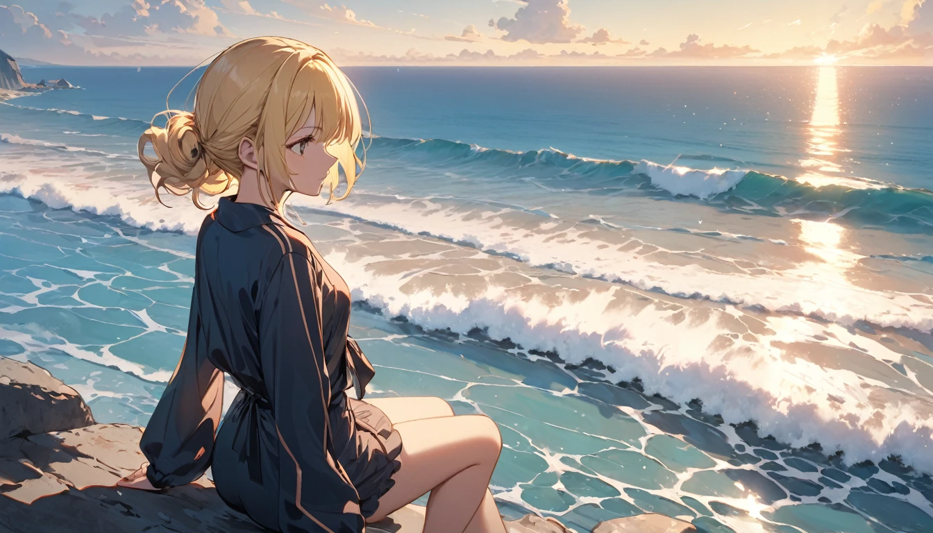 (Highest quality), One girl,Blonde,one piece,Gazing at the Sea