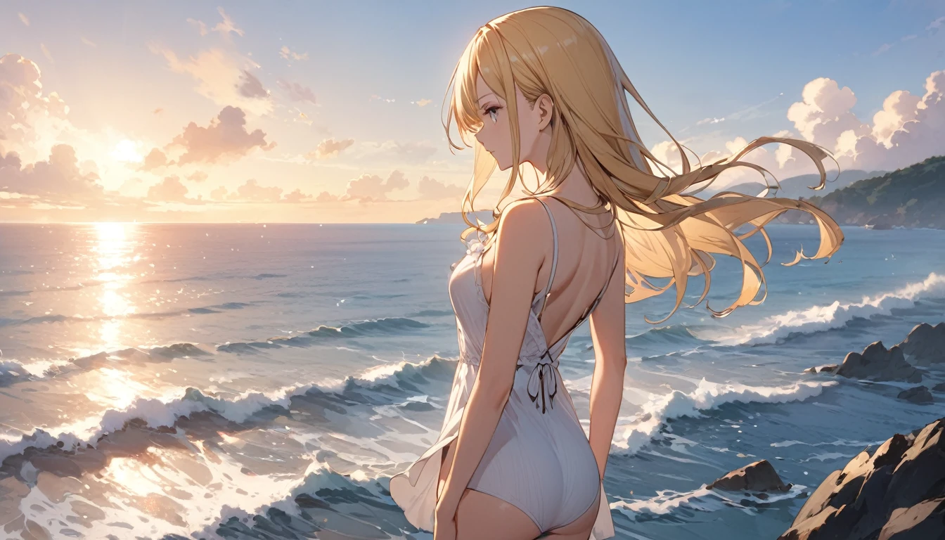 (Highest quality), One girl,Blonde,one piece,Gazing at the Sea
