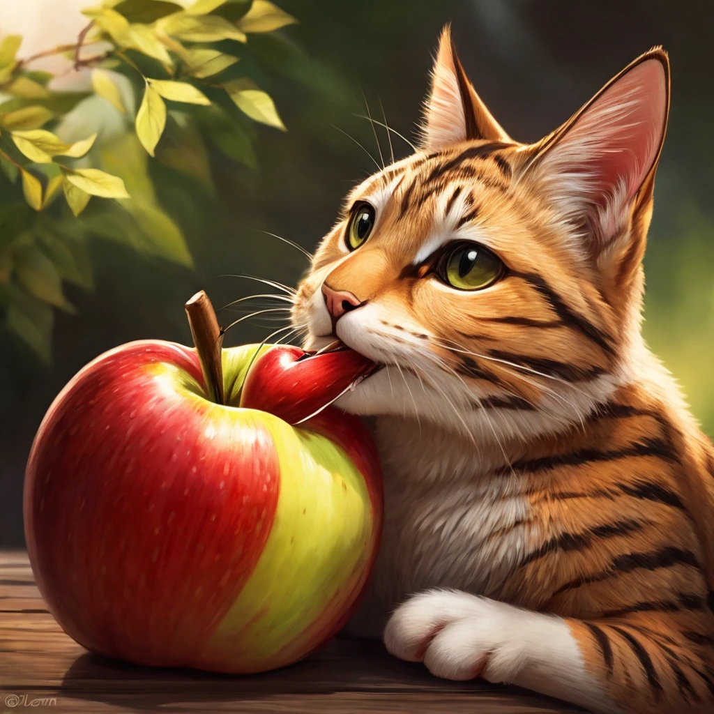 A cat eating an apple