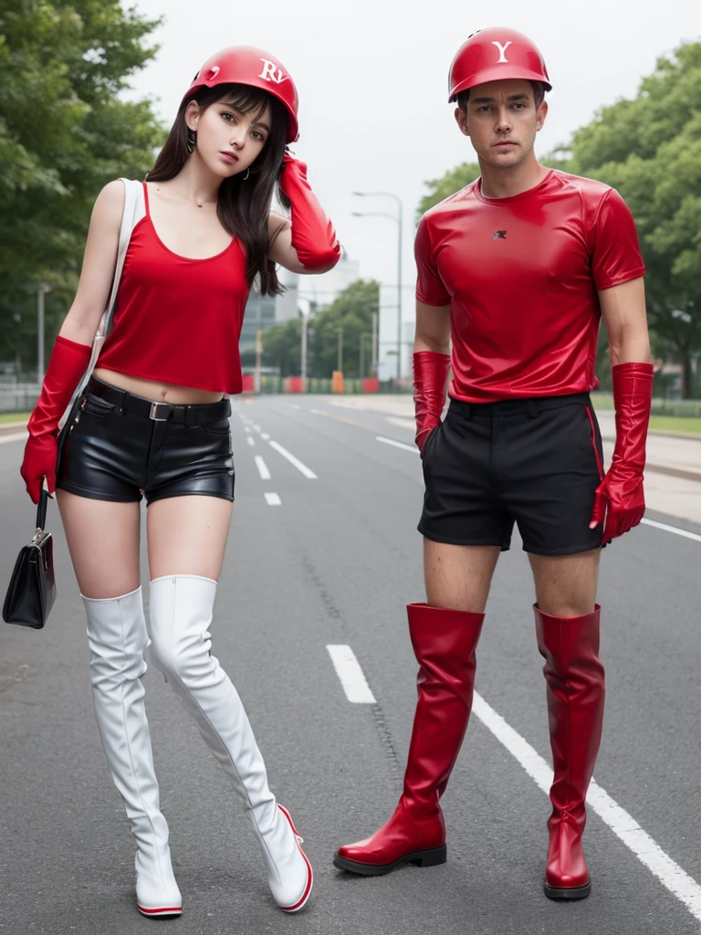 Red baseball helmet and white tank top、Black shorts and red knee-high boots、Handsome man wearing long red gloves。