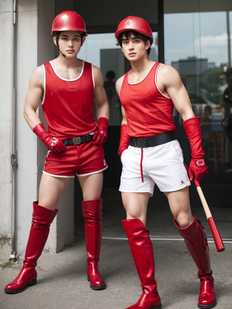 Red baseball helmet and white tank top、Black shorts and red knee-high boots、Handsome man wearing long red gloves。