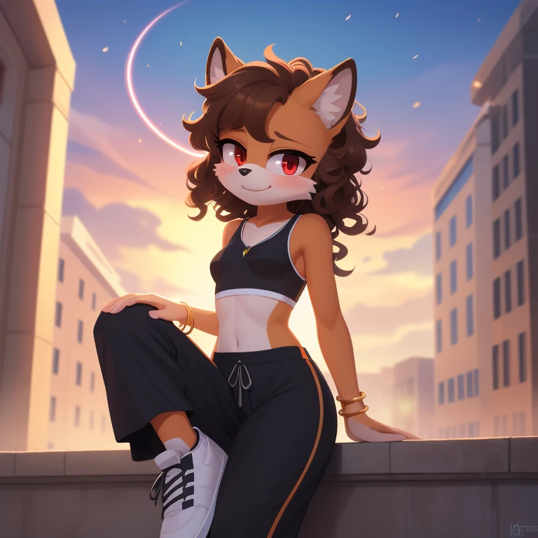 mobian, solo, hedgehog, two-tone fur ((orange fur, brown fur)), ((crop top)), ((oversized pants)), high-top sneakers, small breasts, two-tone hair (brown hair, black tip)), curly hair, halo, sunglasses, jewelry, red eyes, longeyelashes, red eyes, smile, shy, blush, pose, high detail, masterpiece, UHD, anatomically correct, super detail, highres, 4K