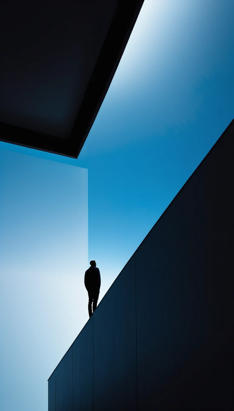 Bottom view，Pure black background，A blue skylight on the top，Light and Shadow，solitary Man，Minimalism，Depressing atmosphere，Simple、Abstract silhouette composition