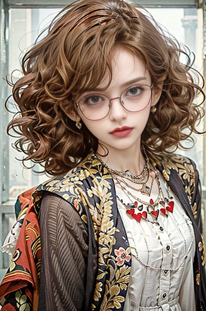((best quality)), ((masterpiece)), (detailed), 1girl, hair (color: red, length: short, curly with flowing small ringlets), face (heart-shaped, pale, dark brown eyes), glasses (wears thick-rimmed, old-fashioned glasses), background is white