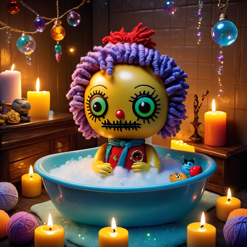 (knitted toy voodoo doll:1.7), (Voodoo Bath Time:1.3), (Clothing: fluffy towel with glowing bubble symbols:1.0), (Accessories: enchanted rubber duck emitting sparks of relaxation magic, levitating spectral soap bubbles:1.1), (background: enchanted bathroom with floating candles, glowing bath salts, and spectral water:1.2), best quality, masterpiece, detailed soft oil painting, detailed background, dramatic cinematic lighting, soft edge lighting, professional, dramatic lighting, hard edge lighting, ultra quality, 4k,masterpiece, best quality, 8k, ultra highres, highres, extremely detailed