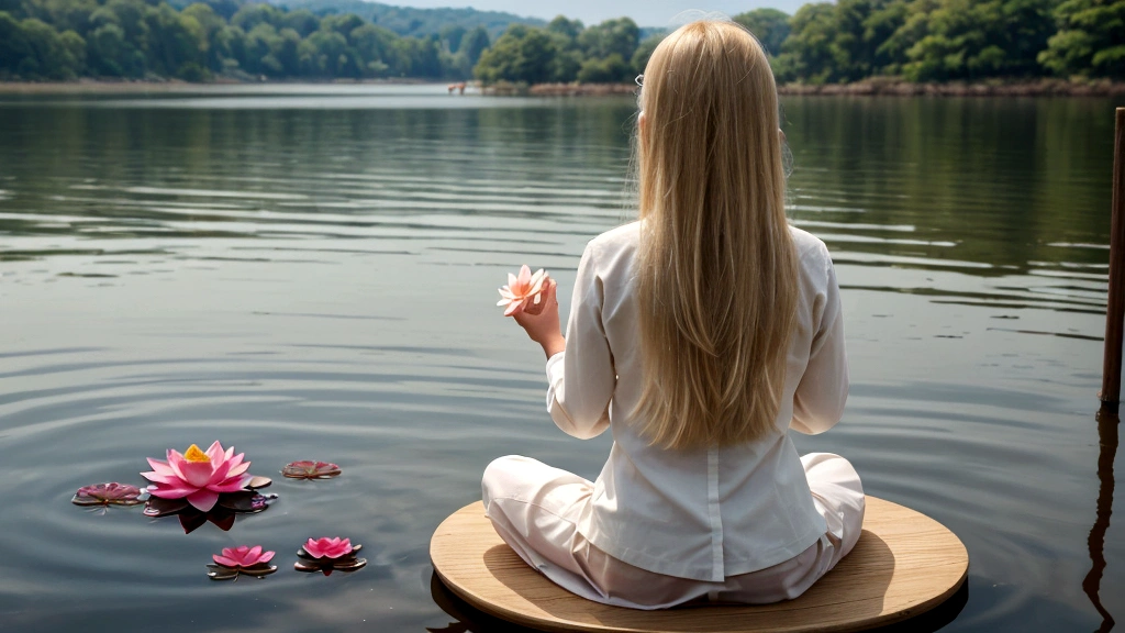 There are lotus flowers on the lake,calm,Coffee blonde long hair,A little girl meditates,Back,