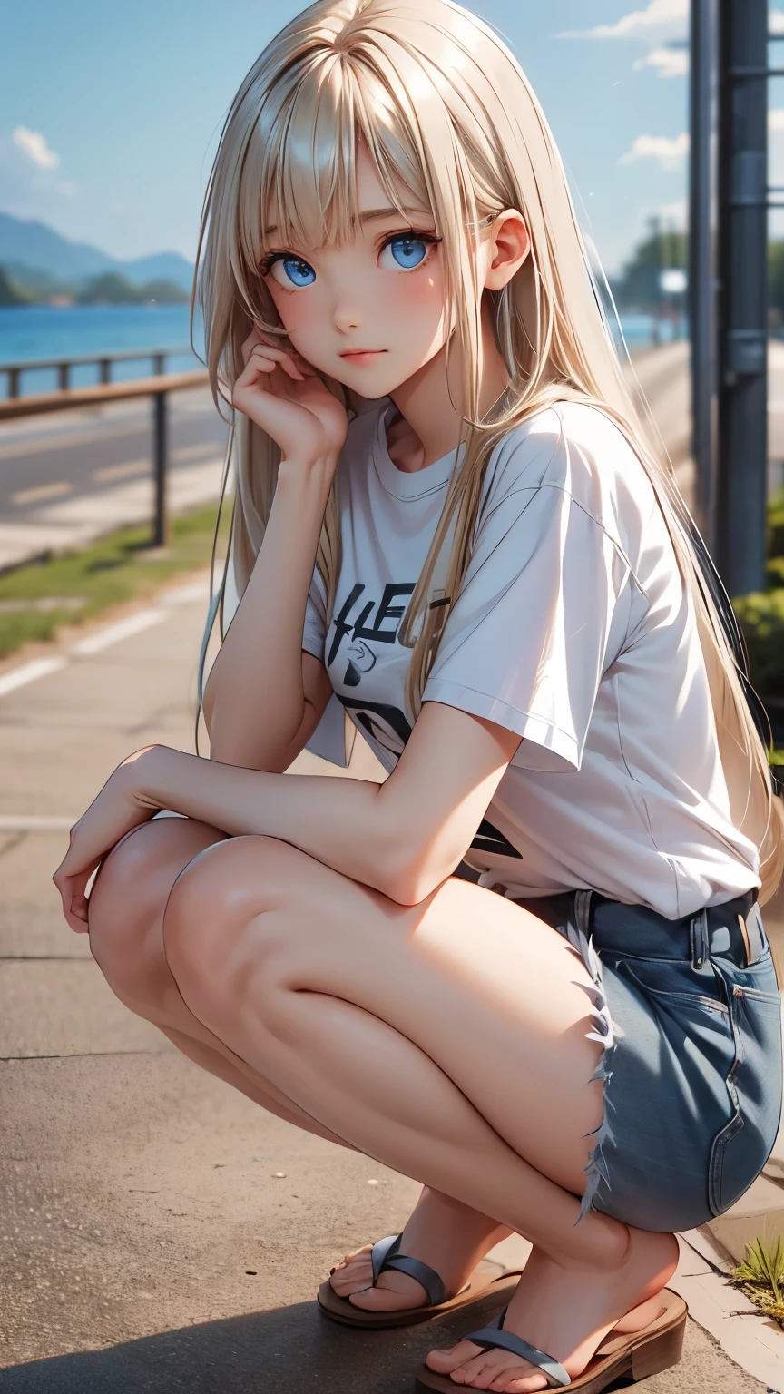 squat , closed knees , master piece , best quality , female , T-shirt , short denim, Shiny platinum blonde silk super long straight hair, beautiful shiny bangs, big clear sky blue eyes, very beautiful bright eye highlights,