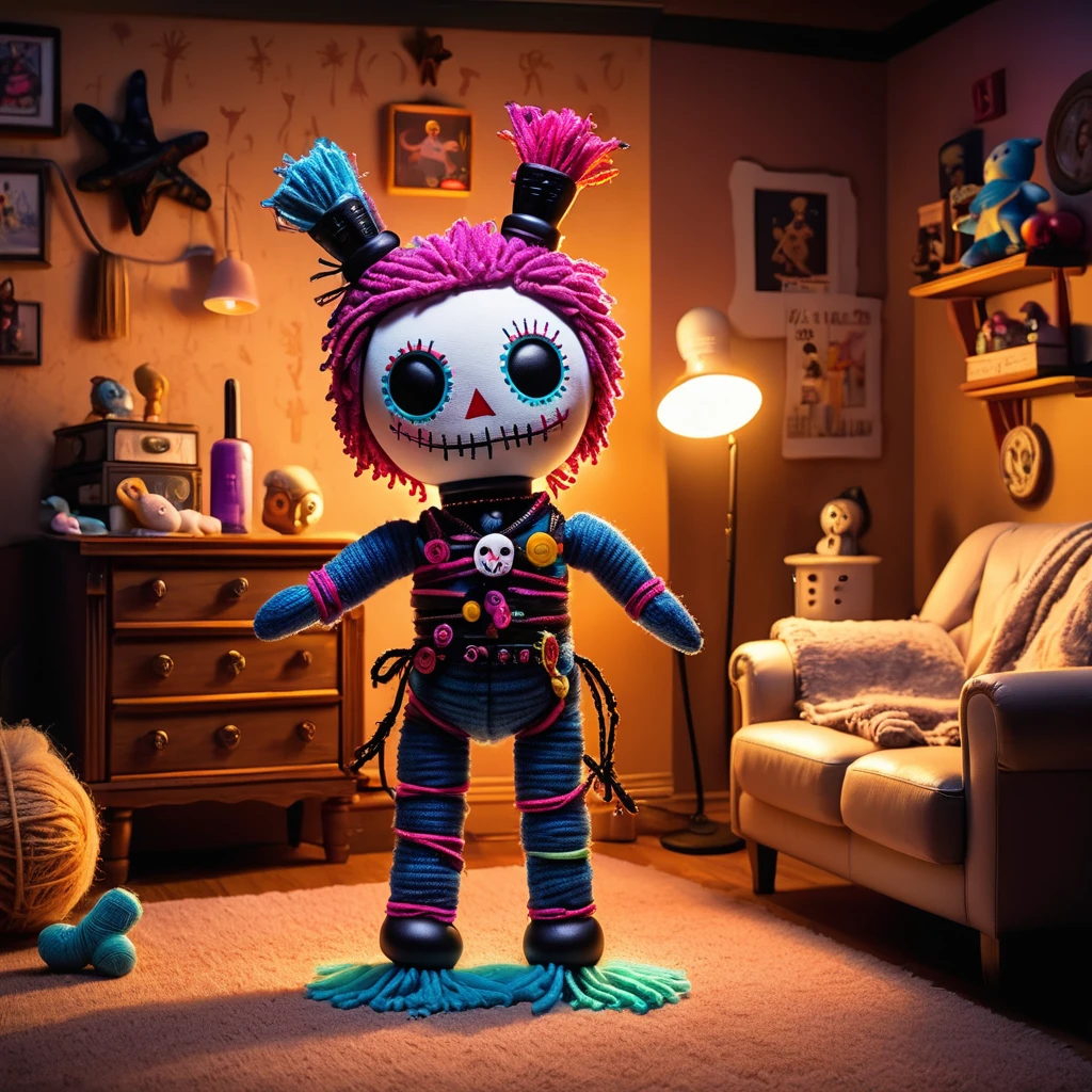 (knitted toy voodoo doll:1.7), (Voodoo House Cleaning:1.3), (Clothing: comfortable cleaning outfit with glowing dust symbols:1.0), (Accessories: enchanted vacuum cleaner emitting sparks of tidiness magic, levitating spectral dust bunnies:1.1), (background: tidy living room with floating furniture, glowing clean spots, and spectral cleaning supplies:1.2), best quality, masterpiece, detailed soft oil painting, detailed background, dramatic cinematic lighting, soft edge lighting, professional, dramatic lighting, hard edge lighting, ultra quality, 4k,masterpiece, best quality, 8k, ultra highres, highres, extremely detailed