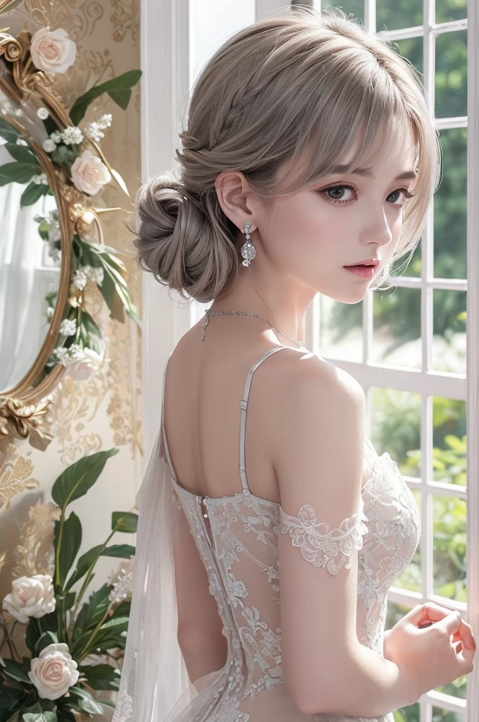 darkviolet lace thong&Good, (((Very elegant and beautiful, Perfect detail, Super detailed))), whole body, The most detailed girl, Depth of written boundary, 美しく詳細なwhole body, Thin legs, 1 girl, 30 years old, Very short hair, Spiked Hair, Gray and silver hair, Beautiful detailed hair, Perfect Face, Expressionless, Beautifully detailed deep eyes, Open your mouth a little, Delicate arms and hands, Pale skin, Earrings, Beautiful and gorgeous necklace, Colorful background, HD background, Blurred Background, Very delicate and beautiful, Masterpiece, (((Highest quality, Very beautiful 8K CG wallpaper))), (((Trendy hairstyles))), (Inside the room,Stylish interior,window),