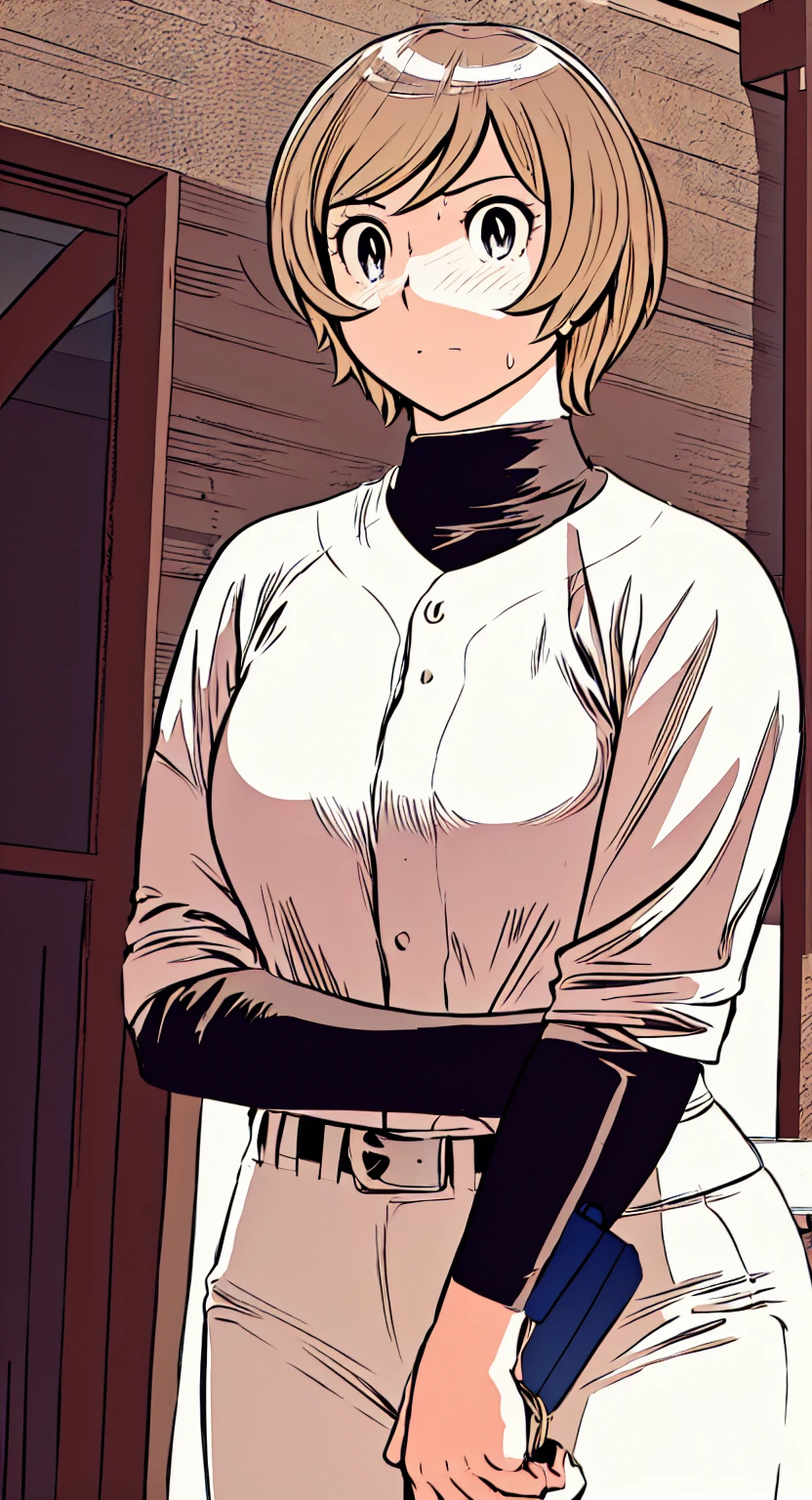 (野球uniform:1.2),
Blonde Hair, (short hair:1.2),Long sleeve, Black Shirt, turtleneck,White trousers、uniform、Black belt、((Illustration of people))、Big 、
View Audience,, (Highest quality:1.3),One Girl, White pants、uniform、indoor、baseball 、White wall、blue eyes、Tight black shirt、(masterpiece、Highest quality)、Highest quality, Ultra-high resolution, (((masterpiece))), alone, Sweat、Big eyes、Big Breasts、One Girl, Front view、Embarrassed face、Bronze colored hair、((short hair))、Stand up straight、Cowboy Shot